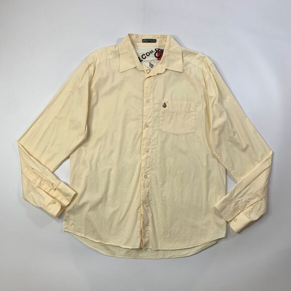 Volcom Shirt Men L Large Cream Cotton Blend Long Sleeve Button Up Tailored Dress - Picture 2 of 9
